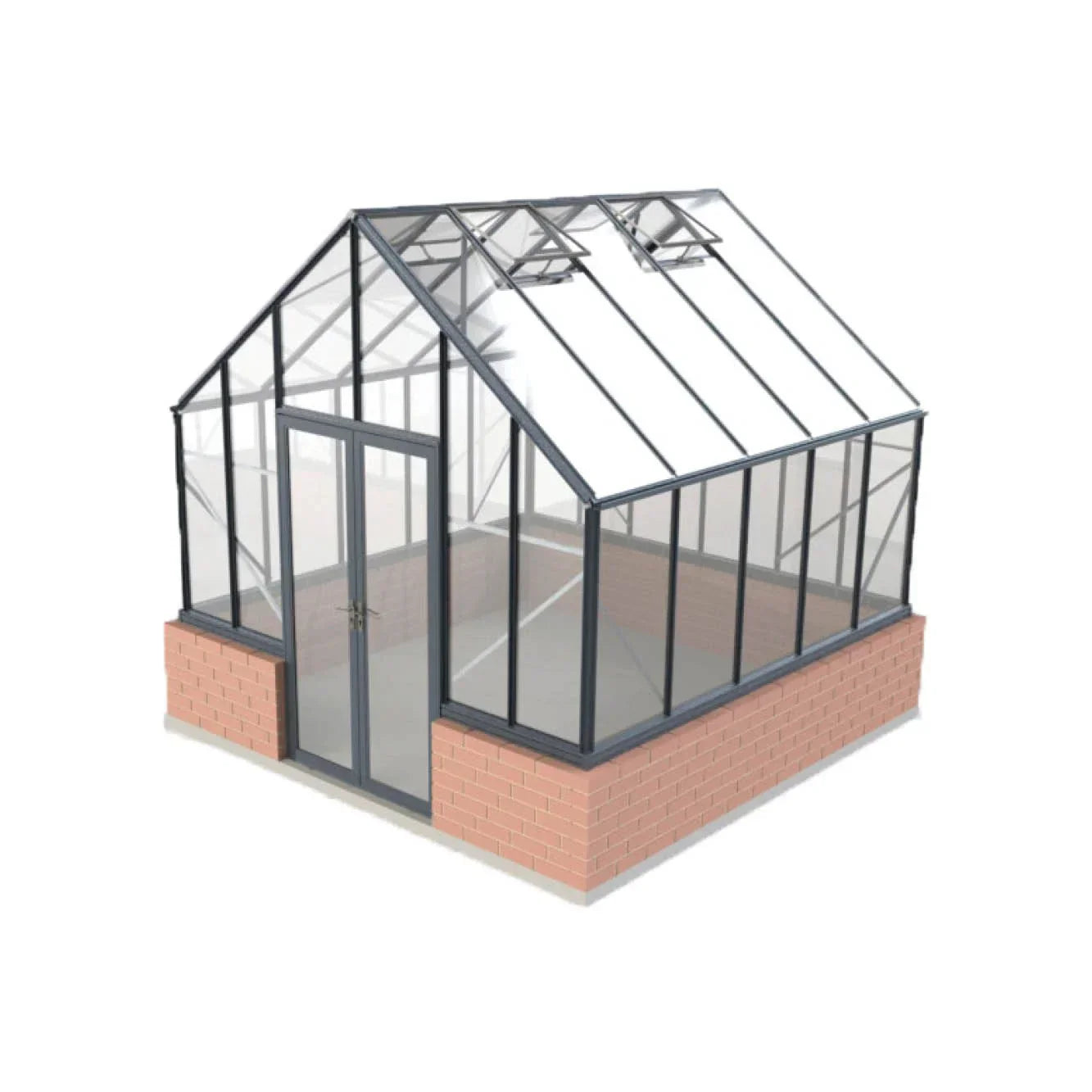 10x10 Elite glass greenhouse with black metal frame and brick base, double door entrance, roof vents