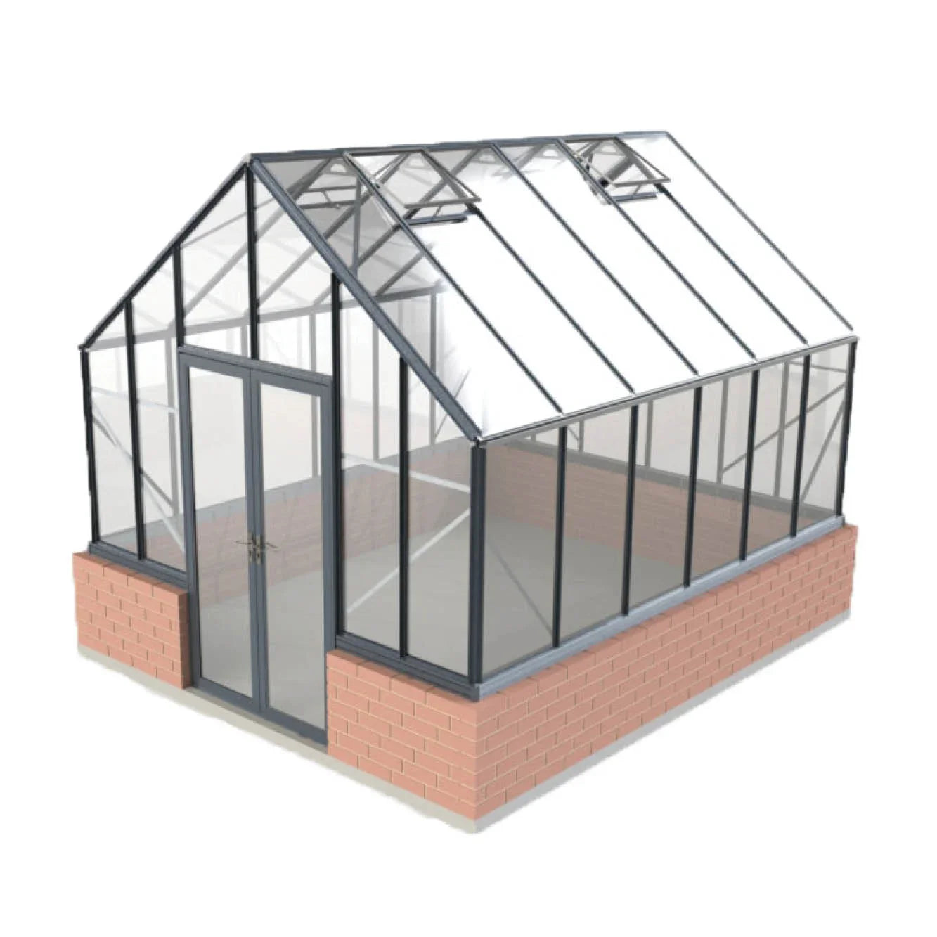 10x12 Elite greenhouse with glass panels, metal frame, brick base, and double front doors