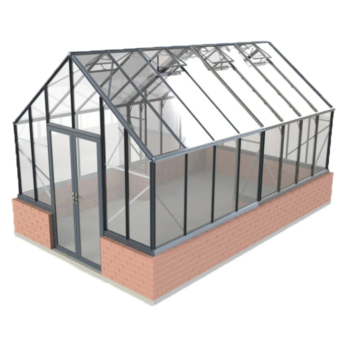 10x16 glass greenhouse with steel frame and brick base, featuring dual front doors and roof vents