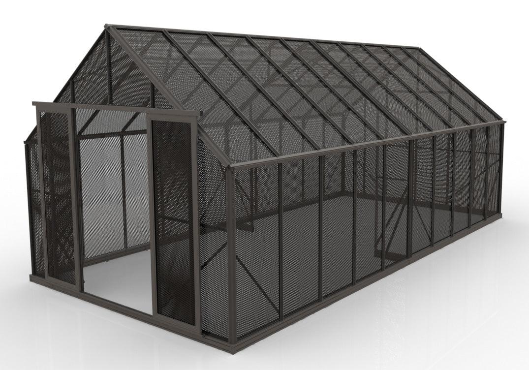 10x20ft mesh shade house with metal frame and black mesh panels on white background