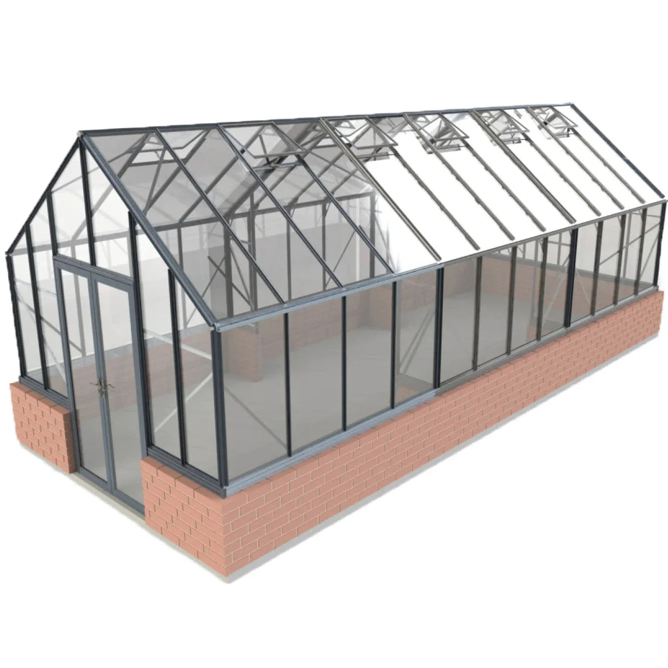 Large 10x24 steel frame greenhouse with glass walls and brick base