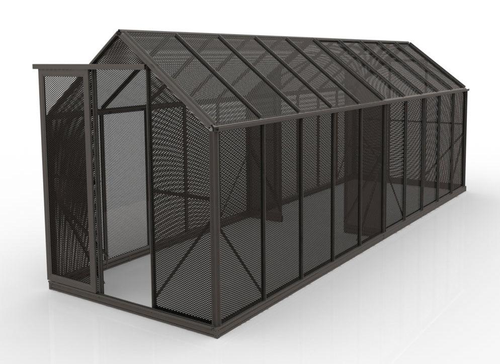 6x20ft dark metal mesh shade structure with pitched roof and a front door