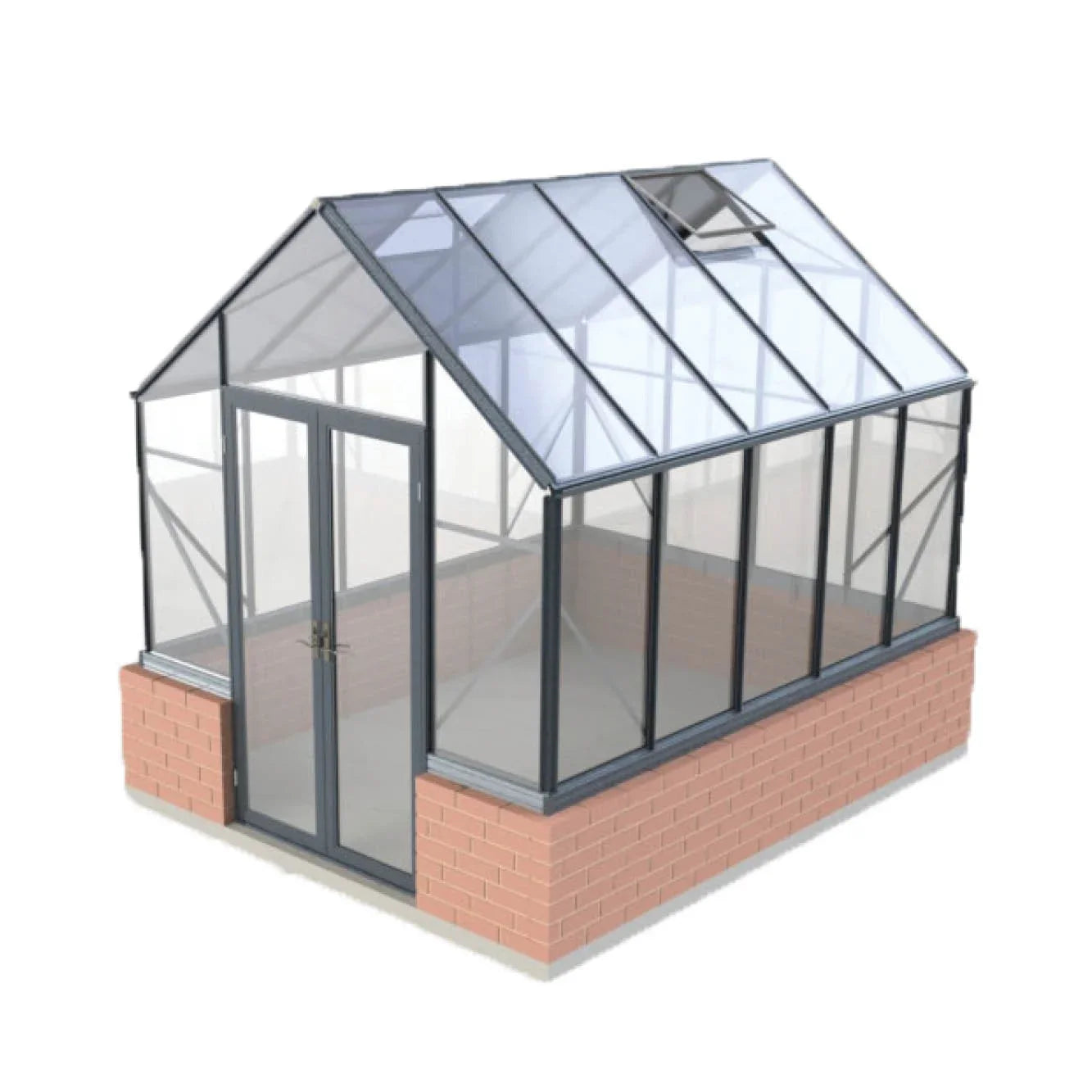 8x10 elite greenhouse with glass panels and brick base, gray metal frame, roof vent