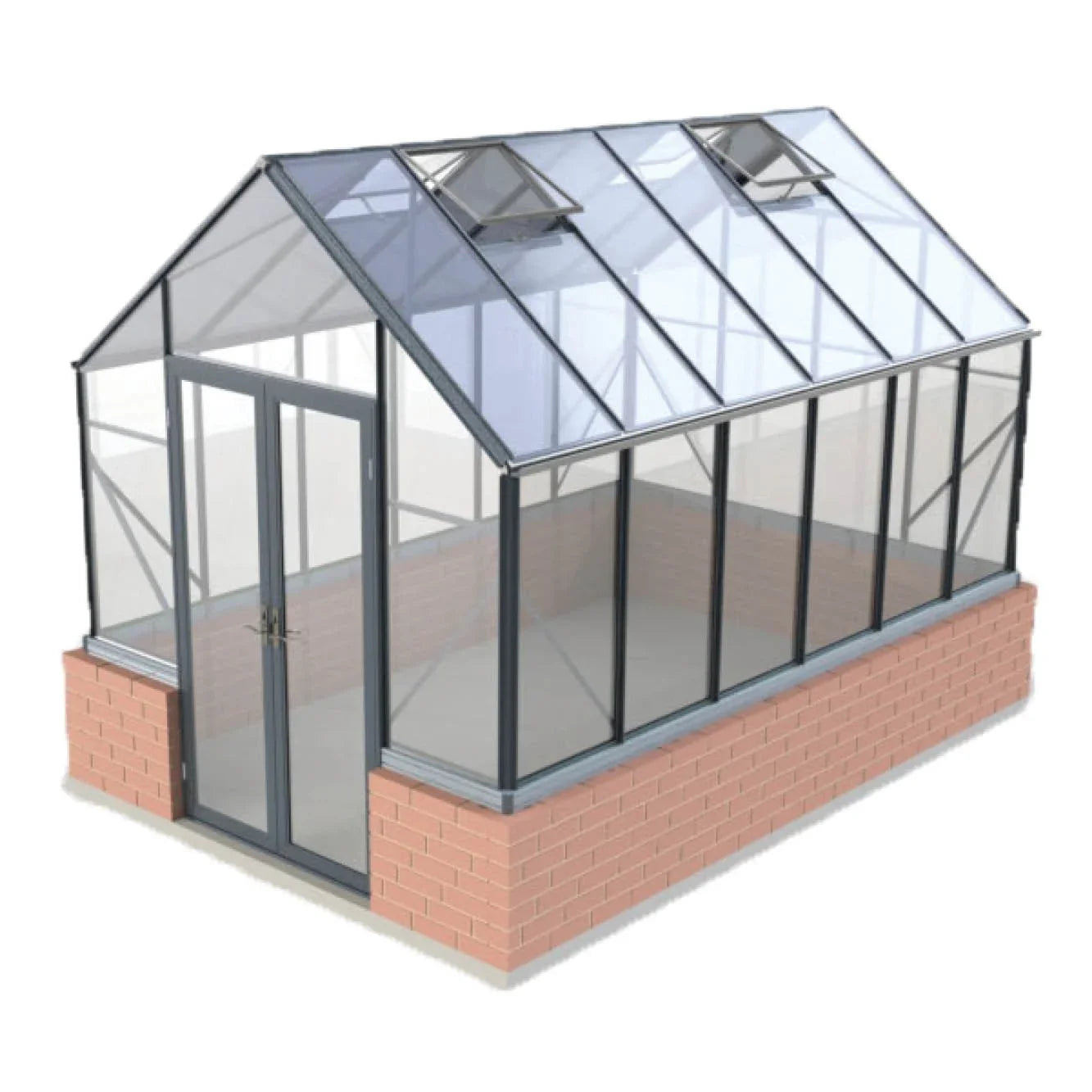 8x12 elite greenhouse with clear glass panels and brick base, double front door, roof vents