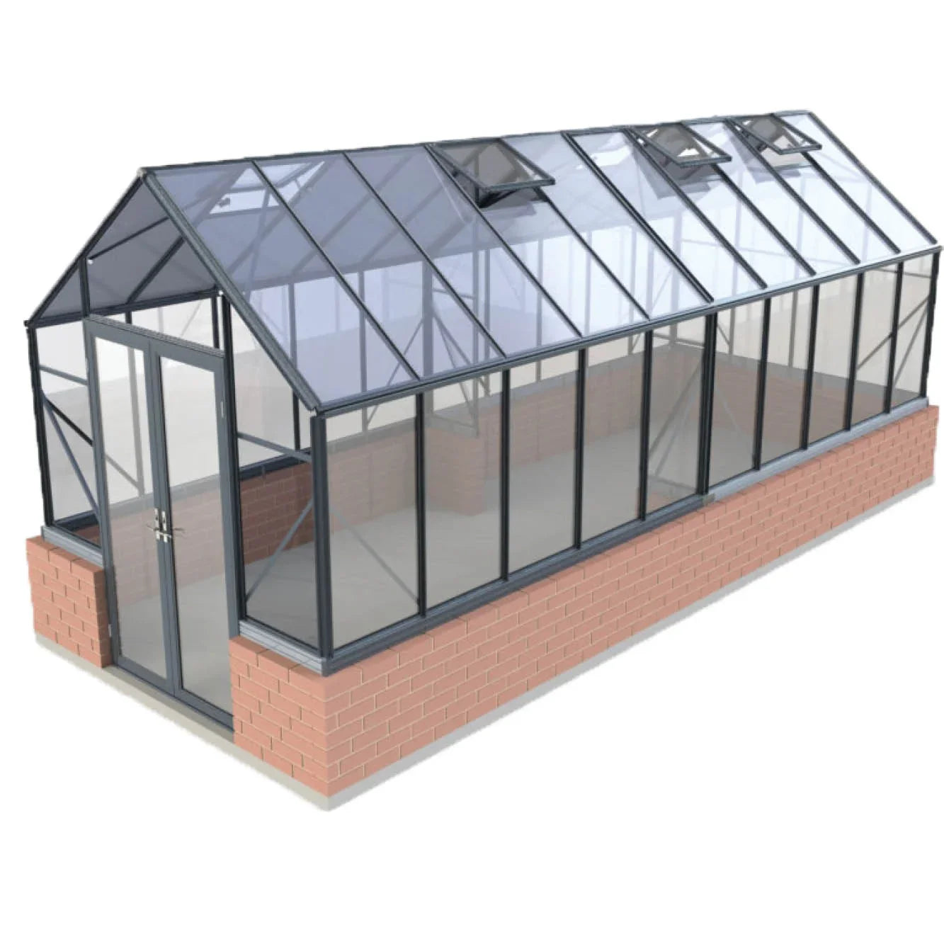 8x20 Elite glass greenhouse with black metal frame and brick base, featuring three roof vents