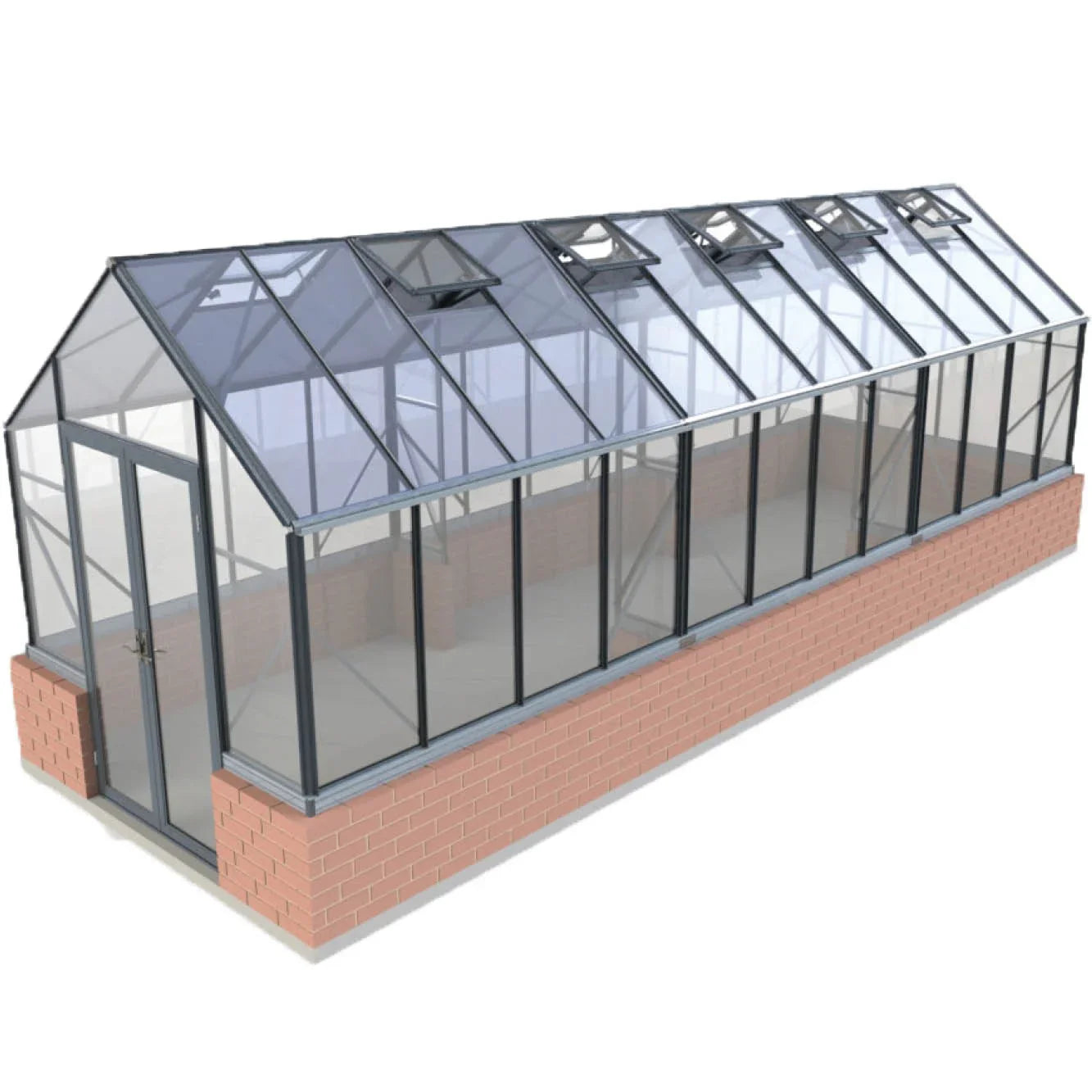 Rectangular glass greenhouse with black metal frame and brick base, featuring multiple roof vents