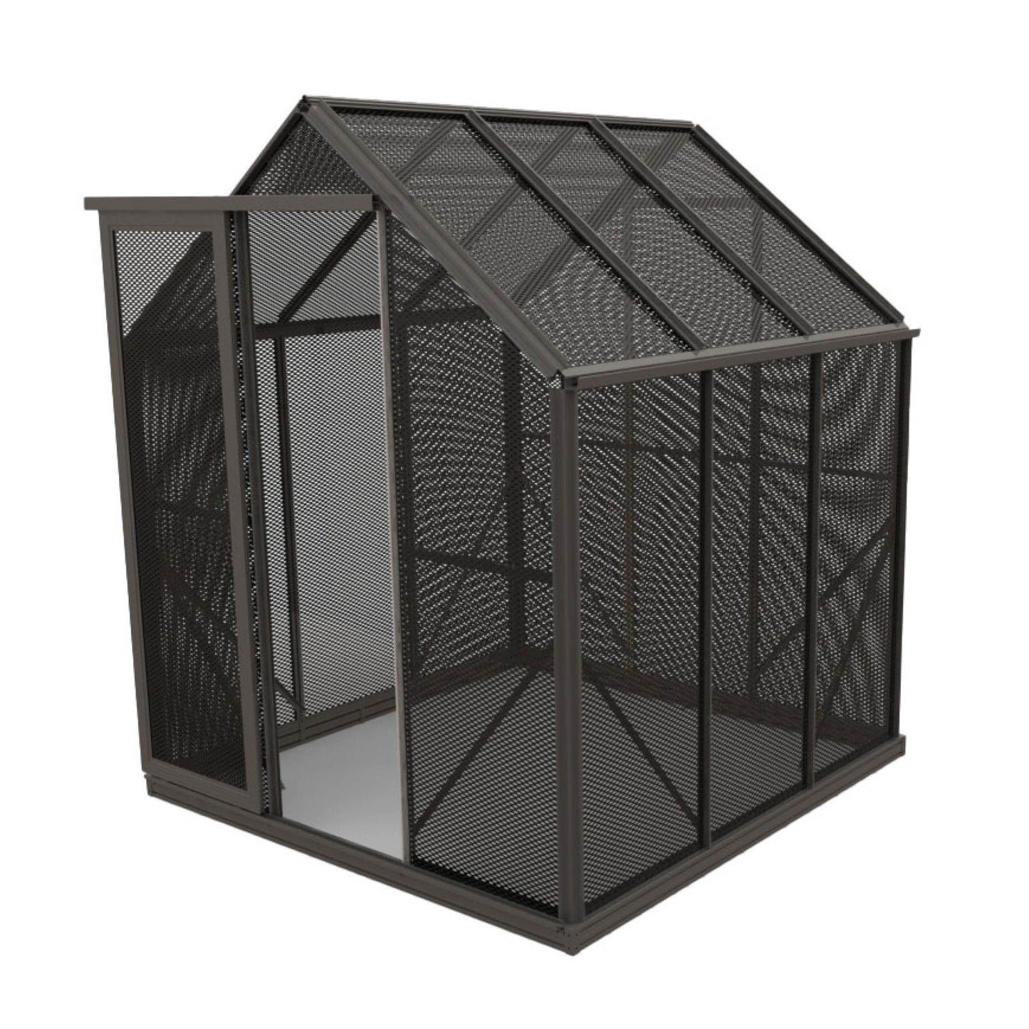 6x6 black metal mesh outdoor storage shed with pitched roof and sliding door