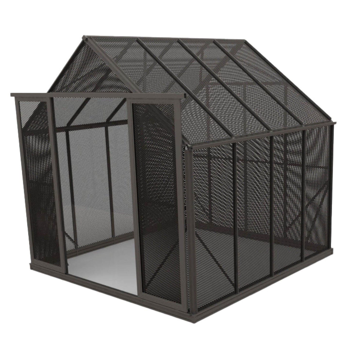 8x8 black metal mesh shade structure with pitched roof and open doorway