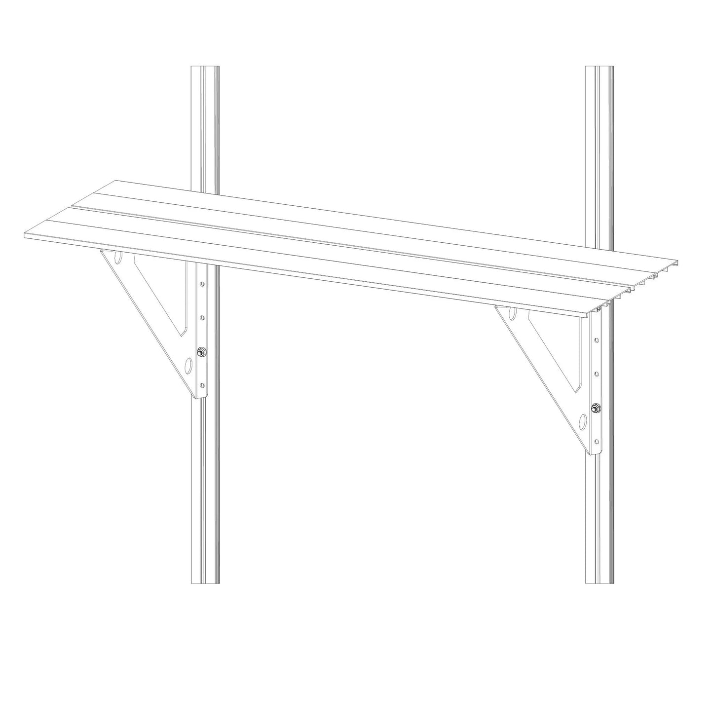 Technical drawing of a metal wall-mounted shelf with support brackets and slatted surface