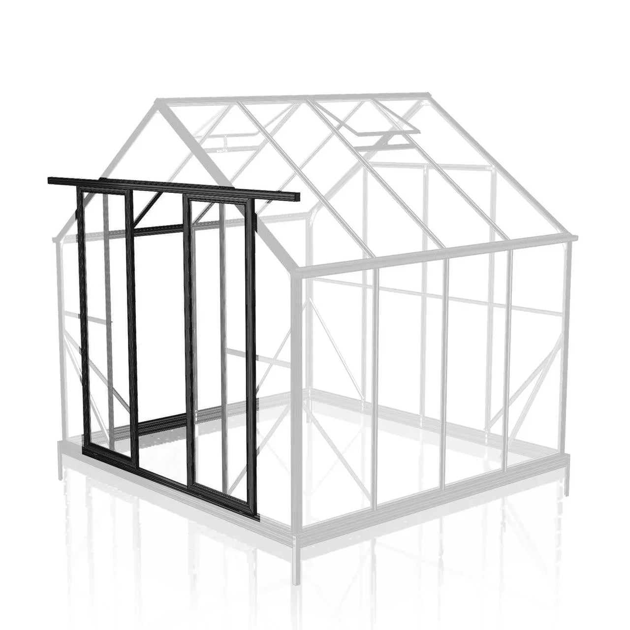 3D rendering of sliding double doors in black frame attached to transparent greenhouse structure
