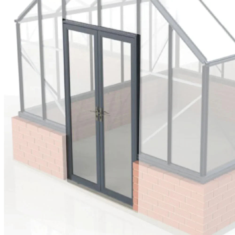 Gray sliding glass double doors installed on a brick foundation greenhouse with metal frame