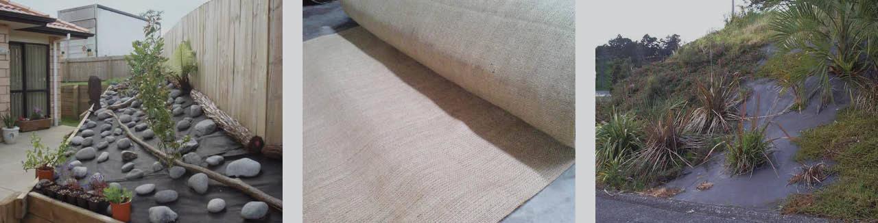 Outdoor rock garden with black ground cover fabric and decorative stones next to plants and fence