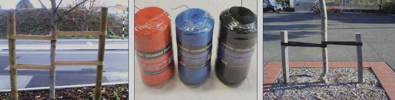 Orange, blue, and black grower's twine rolls with images of tied trees using twine supports