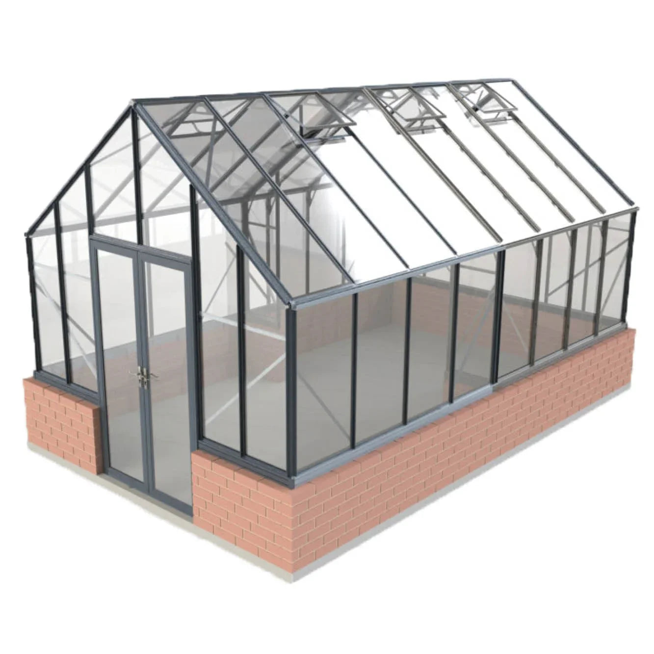 10x10ft Elite Stonewall glass greenhouse with brick base and metal frame, angled vents