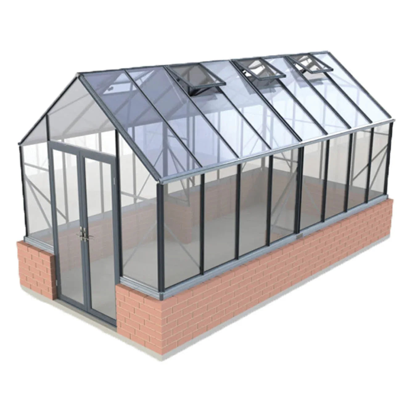 8x10ft Elite Stonewall glass greenhouse with black metal frame and red brick base