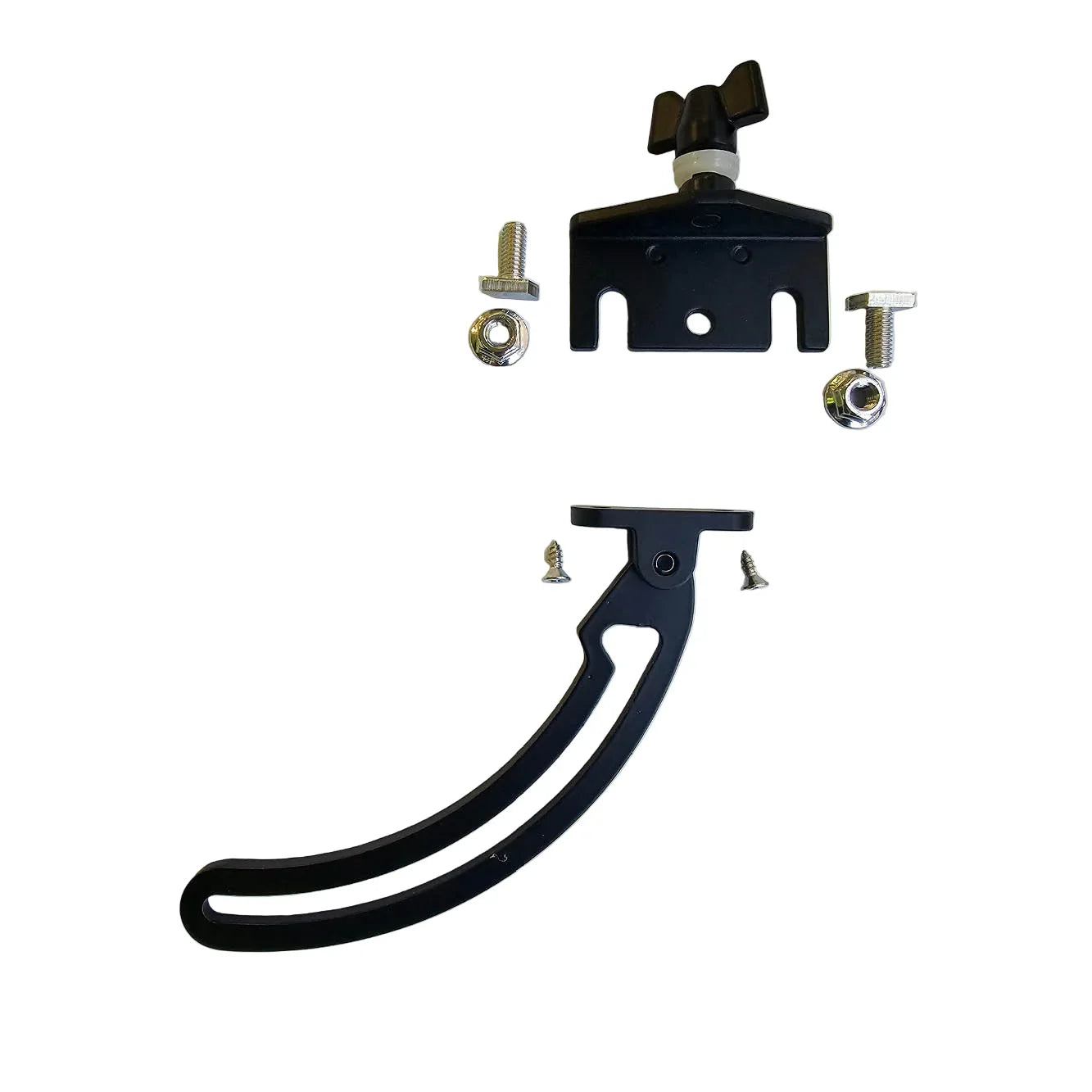 Black metal vent latch assembly with curved handle, screws, bolts, and nuts on white background